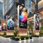 Exhibición de carteles digitales en un entorno urbano moderno, con pantallas verticales iluminadas que muestran imágenes coloridas y futuristas