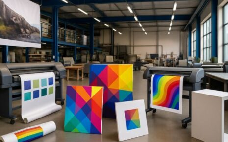 Taller de impresión en gran formato con impresoras de vinil y trovicel, mostrando materiales impresos de colores vibrantes y rollos de vinil extendidos sobre el suelo