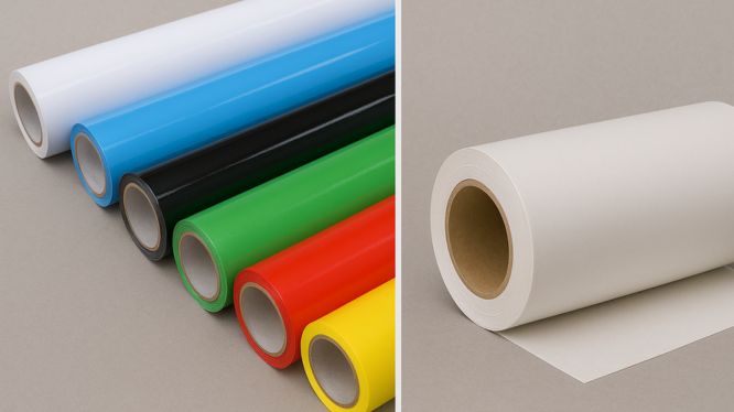 Comparación visual entre vinil de corte en colores sólidos (blanco, azul, negro, verde, rojo y amarillo) y un rollo de vinil blanco para impresión desplegado sobre fondo gris.