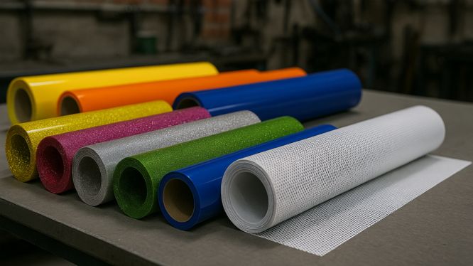 Rollos de vinil textil glitter en varios colores, vinil PVC en tonos sólidos y un rollo de vinil microperforado sobre una mesa de trabajo en un taller de impresión, con fondo industrial desenfocado.
