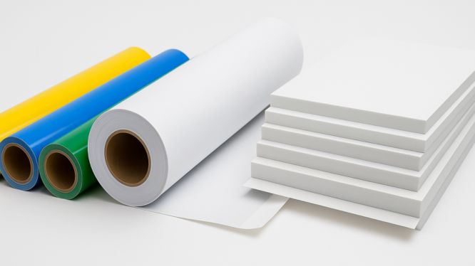 Rollos de vinil adhesivo en colores amarillo, azul, verde y blanco, junto a placas blancas de PVC espumado apiladas, sobre fondo blanco, utilizados comúnmente en la industria gráfica para impresión y señalización.