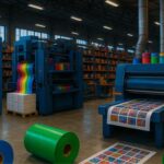 Interior de una fábrica de impresión de gran formato, con rollos de vinil de colores alineados, impresoras industriales activas y hojas impresas sobre el suelo. El entorno muestra organización, tecnología avanzada y variedad de materiales.