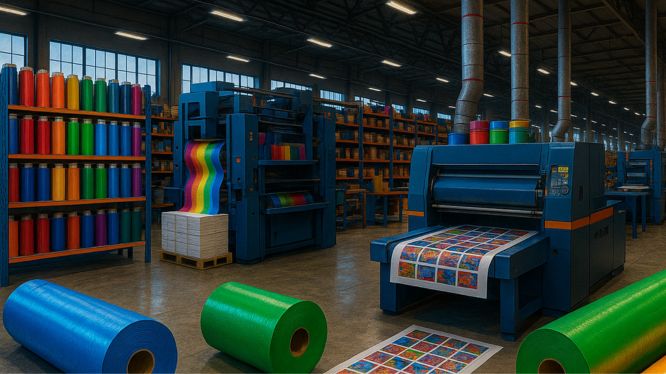 Interior de una fábrica de impresión de gran formato, con rollos de vinil de colores alineados, impresoras industriales activas y hojas impresas sobre el suelo. El entorno muestra organización, tecnología avanzada y variedad de materiales.