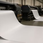 Varios equipos de impresión industrial trabajando simultáneamente con lona frontlit blanca en una fábrica gráfica, destacando la textura del material y el proceso de impresión en gran formato.