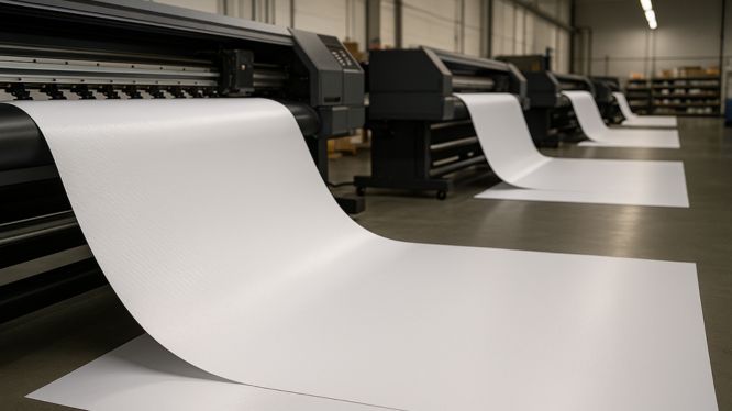Varios equipos de impresión industrial trabajando simultáneamente con lona frontlit blanca en una fábrica gráfica, destacando la textura del material y el proceso de impresión en gran formato.