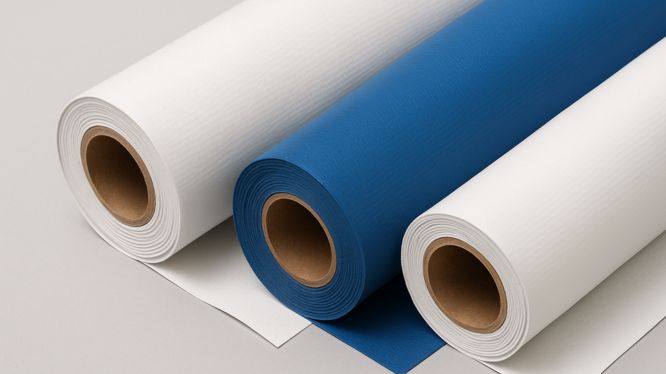 Tres rollos de lona, dos de color blanco y uno azul, enrollados sobre tubos de cartón y dispuestos sobre una superficie gris.