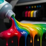 Tinta ecosolvente de colores cayendo desde una botella hacia una impresora digital de gran formato, representando la mezcla de colores en impresión profesional.