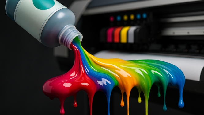 Tinta ecosolvente de colores cayendo desde una botella hacia una impresora digital de gran formato, representando la mezcla de colores en impresión profesional.